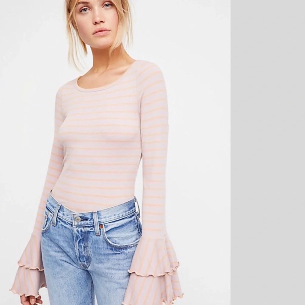 Free People We the Free Good Find Top M Striped Bell Sleeve Lettuce Edge